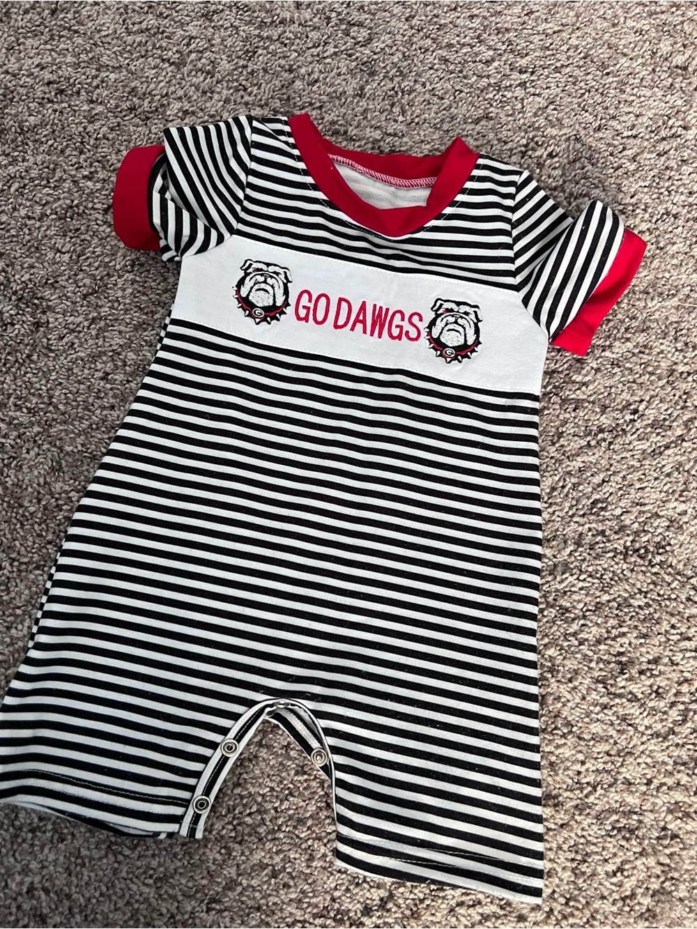 Black & White Striped 'Go Dawgs' Kids One-Piece with Red Trim